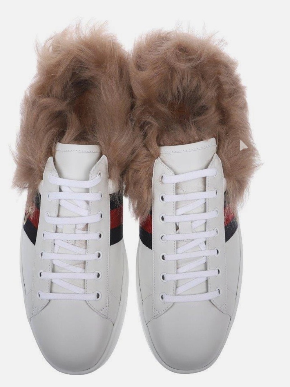 Gucci White Leather Lace-Up Sneaker with Tan Faux-Fur and Red-Blue Stripe.
